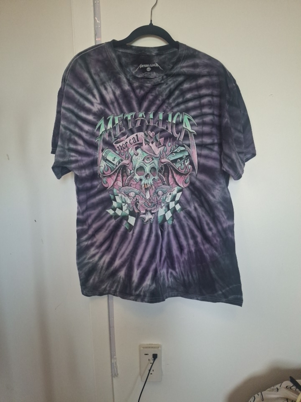 LG Purple Tie-Dye Metallica Skull Racing Tee with Mint and Pink Art